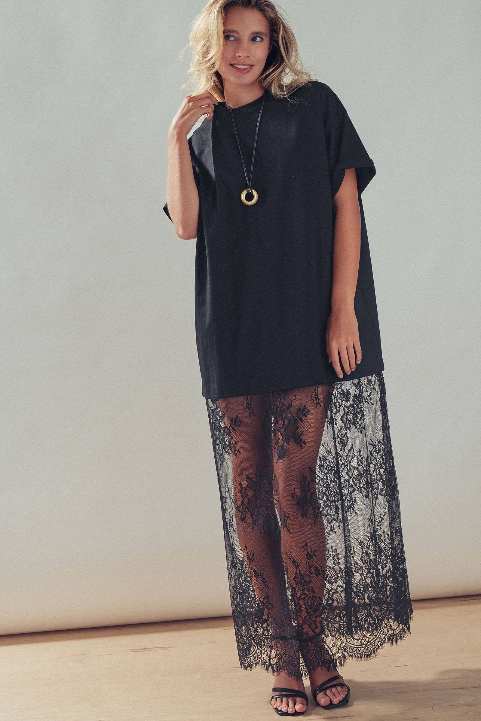 Mixed-Media T-Shirt Dress with Sheer Lace Skirt