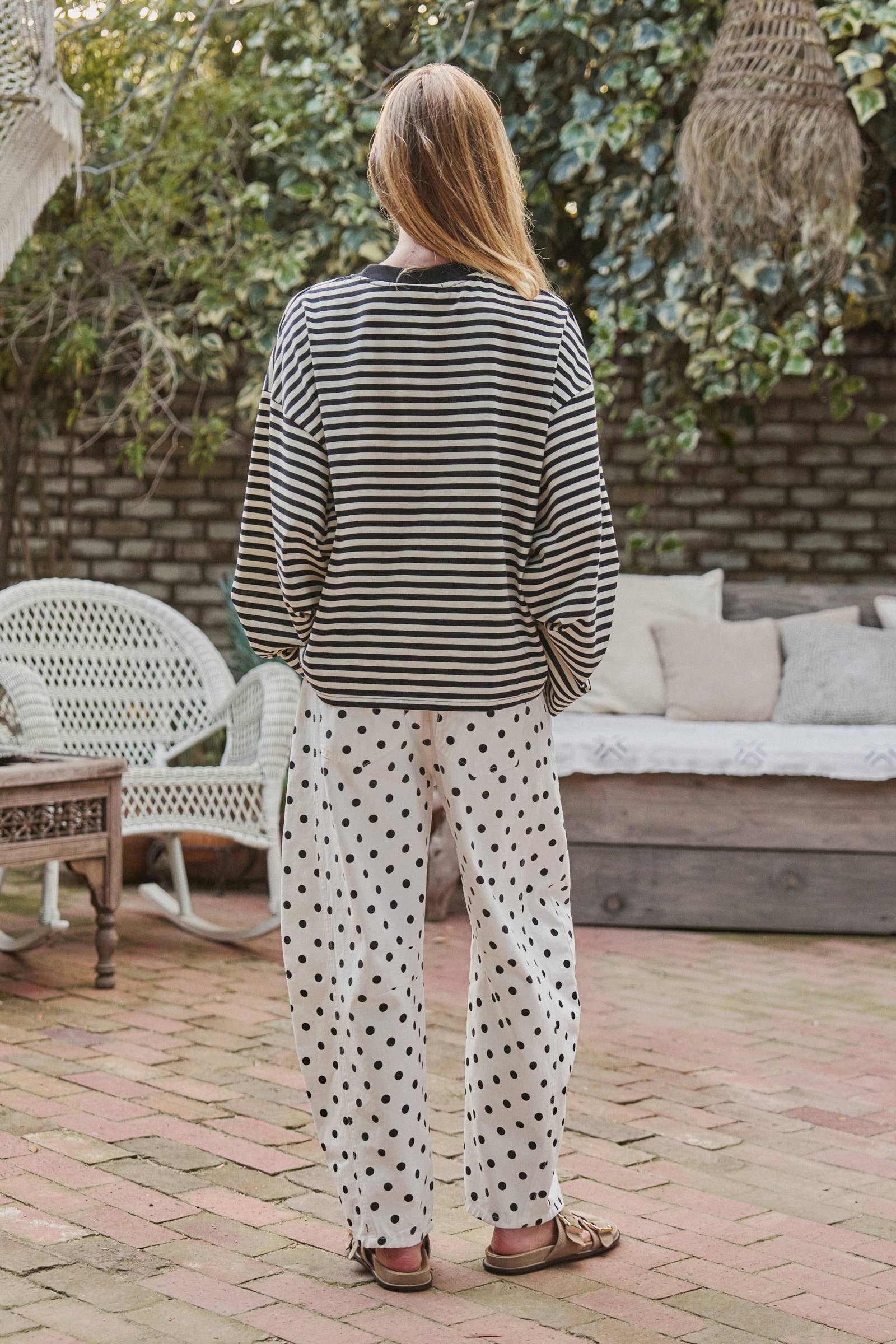 Polka Dot Print Cotton Barrel Leg Jeans