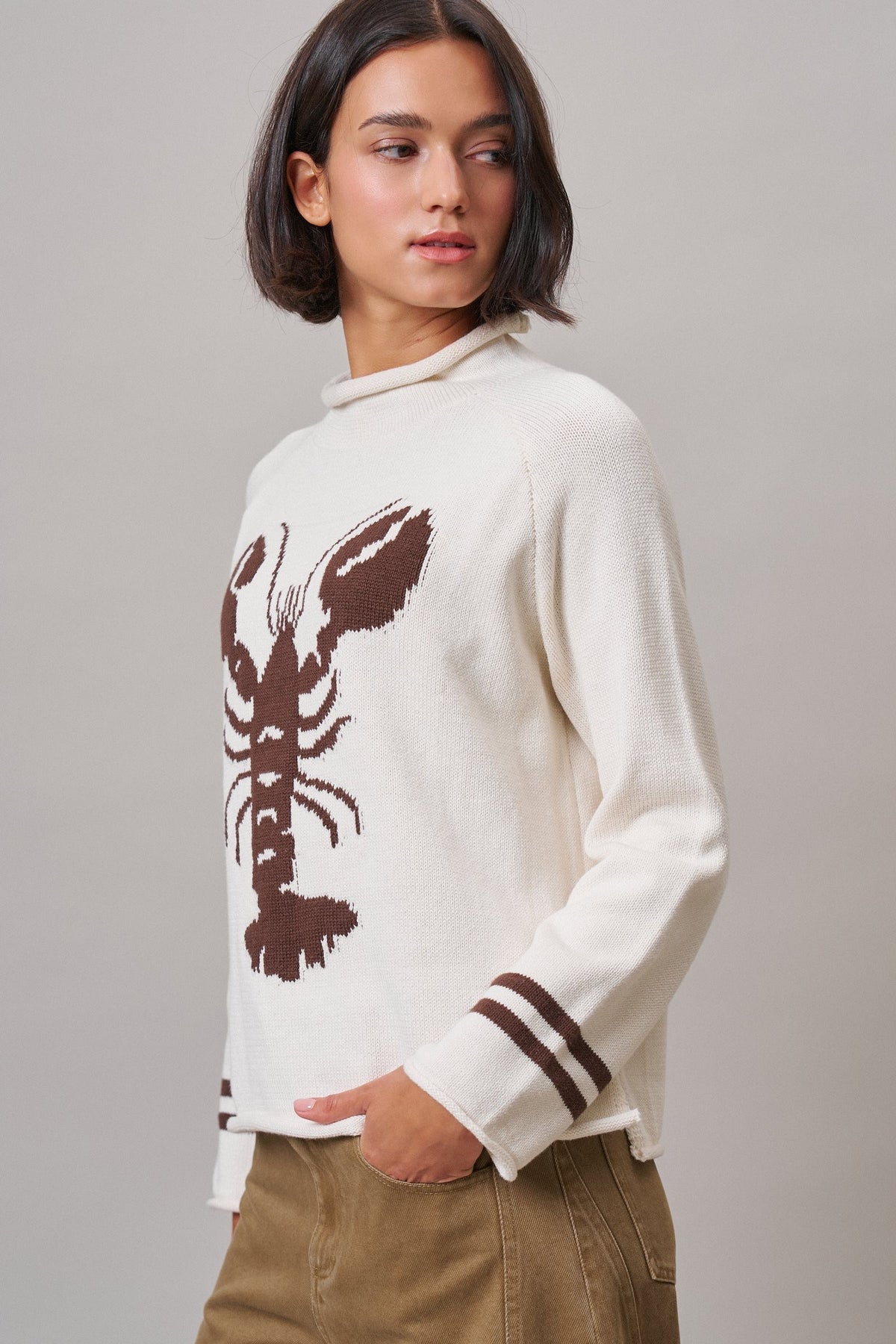 Lobster Intarsia Mock Neck Knit Sweater in IVORY - Women's Sweaters | Urban Daizy