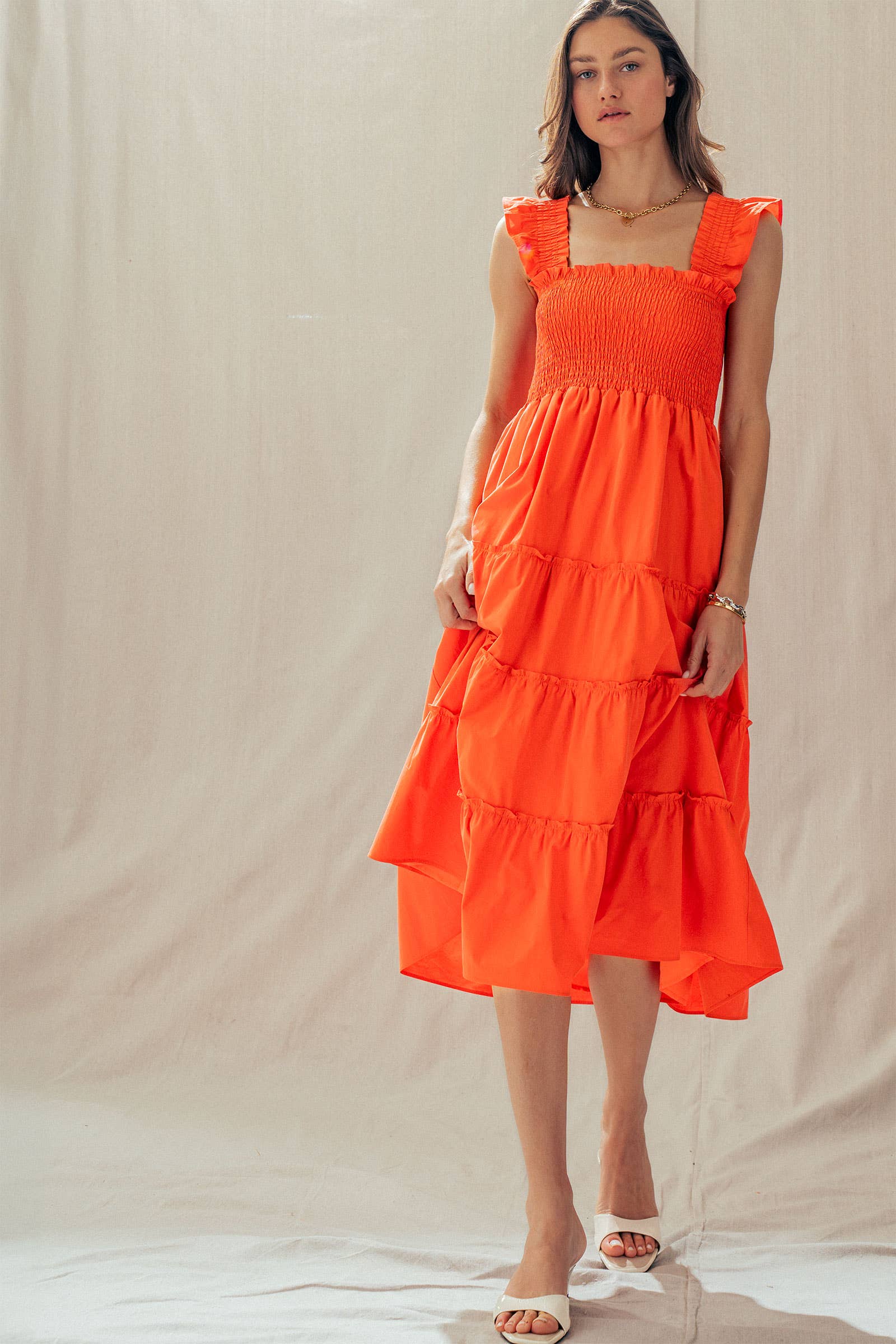 Cotton Smocked Tiered Midi Dress