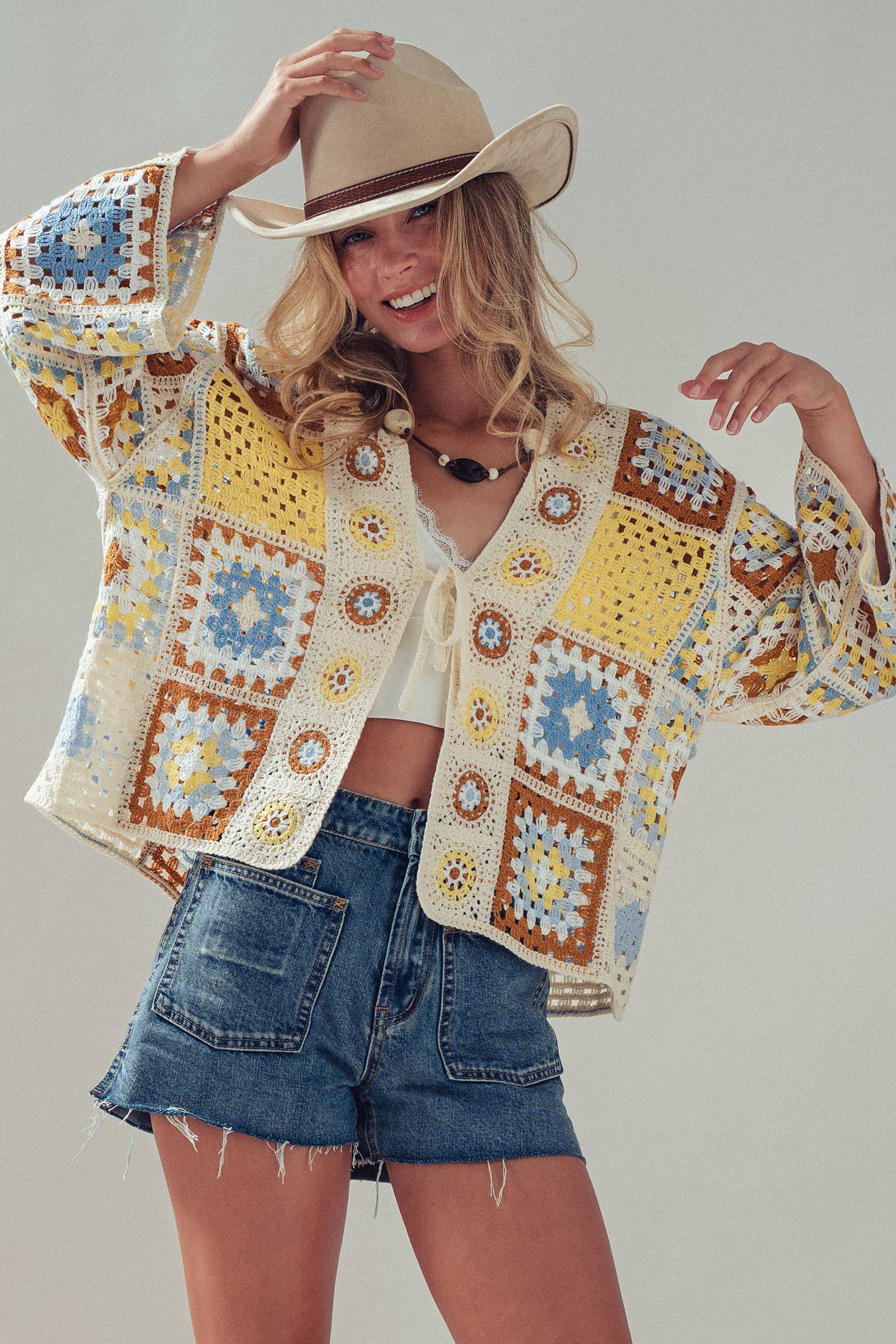 Granny Square Crochet Tie-Front Cardigan