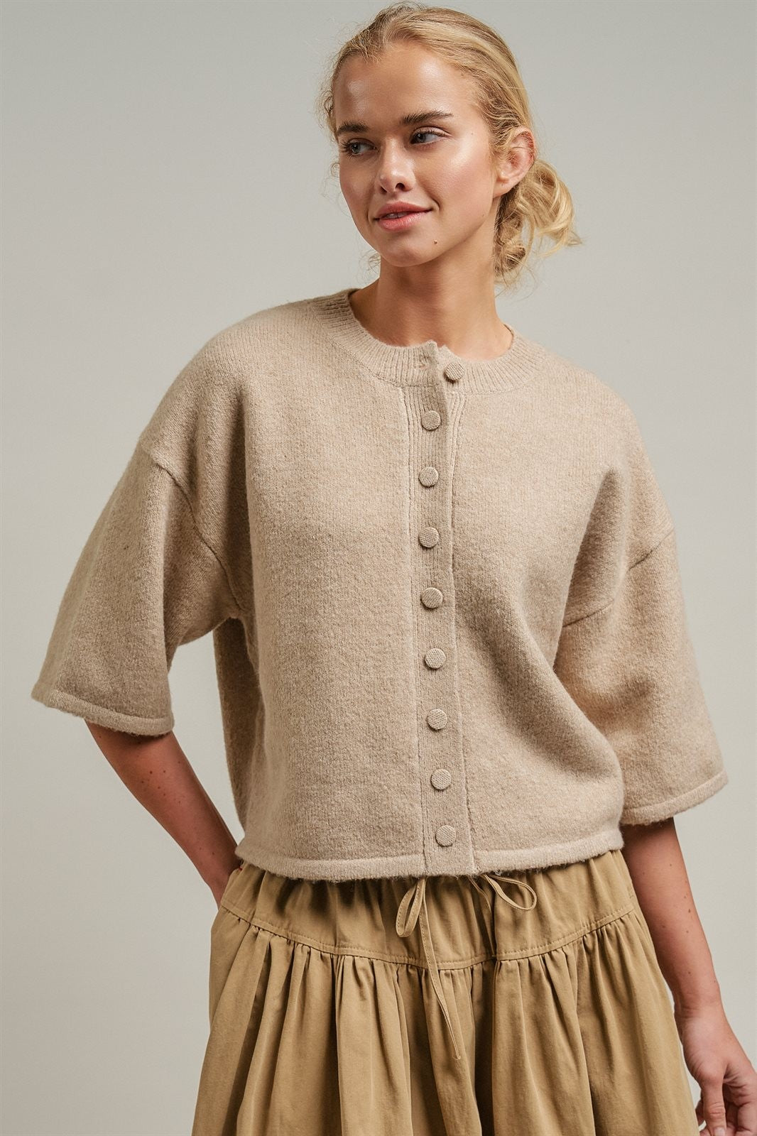 Cropped Knit Button-Front Cardigan Dropped Shoulder
