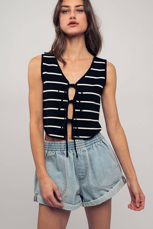Urban Daizy Striped Tie-Front Cropped Knit Top Black White Knit Top - Women's (UDZ-TP-00750) – alternate view 24