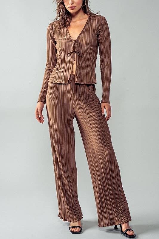 Urban Daizy Shimmer Pleated Wide Leg Elastic Waist Pants Brown Pants - Women's (UDZ-PT-00231) – alternate view 6