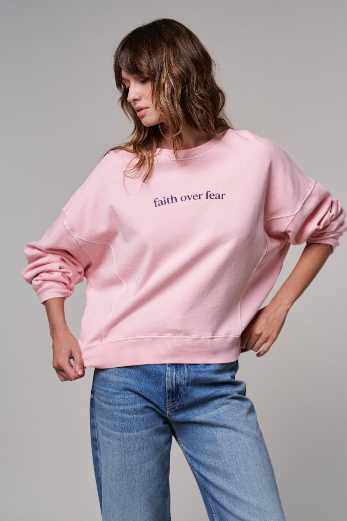Oversized Graphic Sweatshirt Pigment Wash Cotton Crewneck in PINK CLAY - Women's Sweatshirts & Hoodies | Urban Daizy