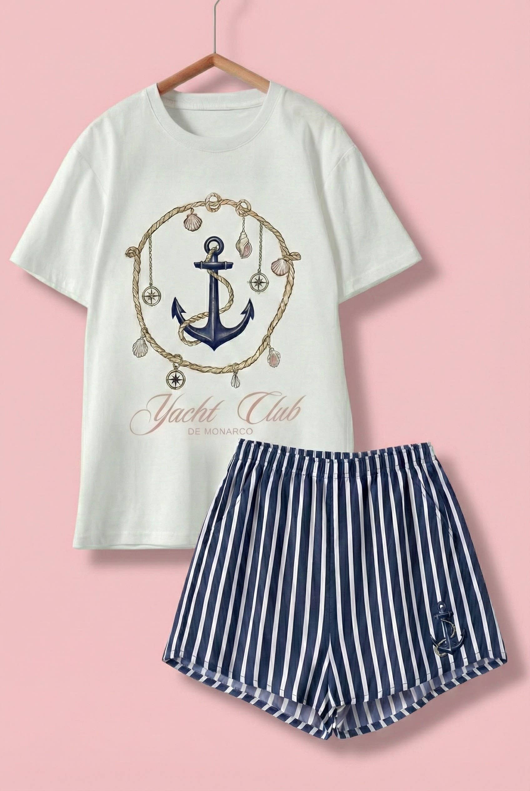 Urban Daizy Yacht Club Anchor Graphic Tee & Stripe Shorts Set White-Navy Lounge Set - Women's (UDZ-AC-00243-White-Navy)