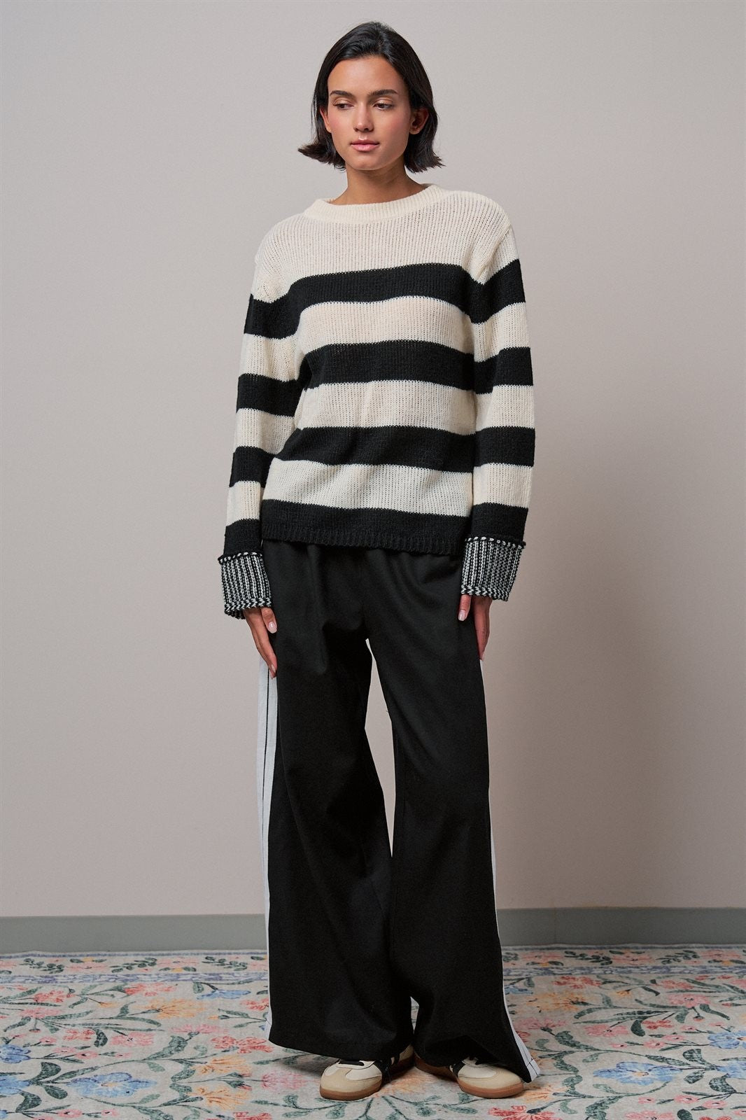 Striped Oversized Chunky Knit Sweater in BLACK - Women's Sweaters | Urban Daizy