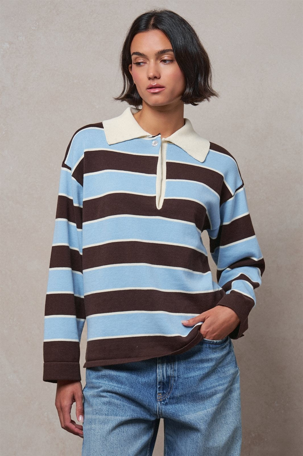 Striped Knit Rugby Polo Sweater in BROWN BLUE - Women's Sweaters | Urban Daizy