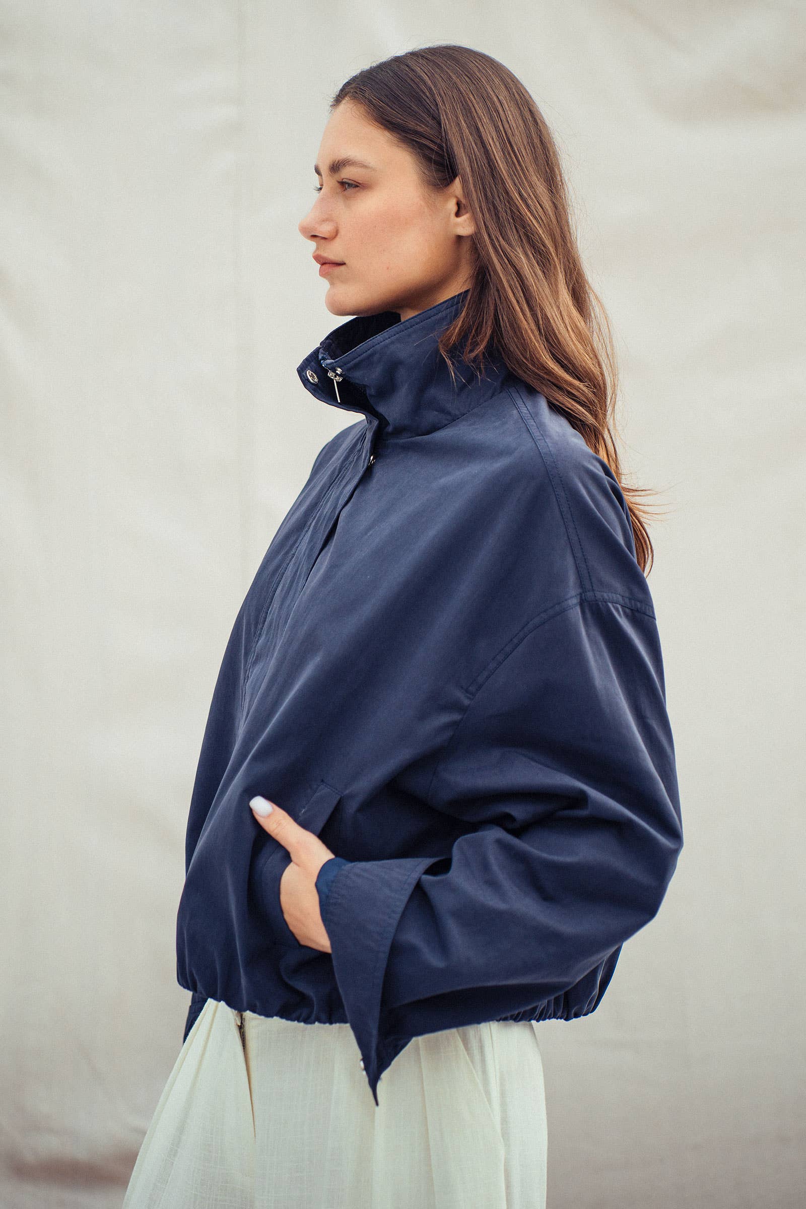 Modern Relaxed Stand Collar Camel Zip Jacket