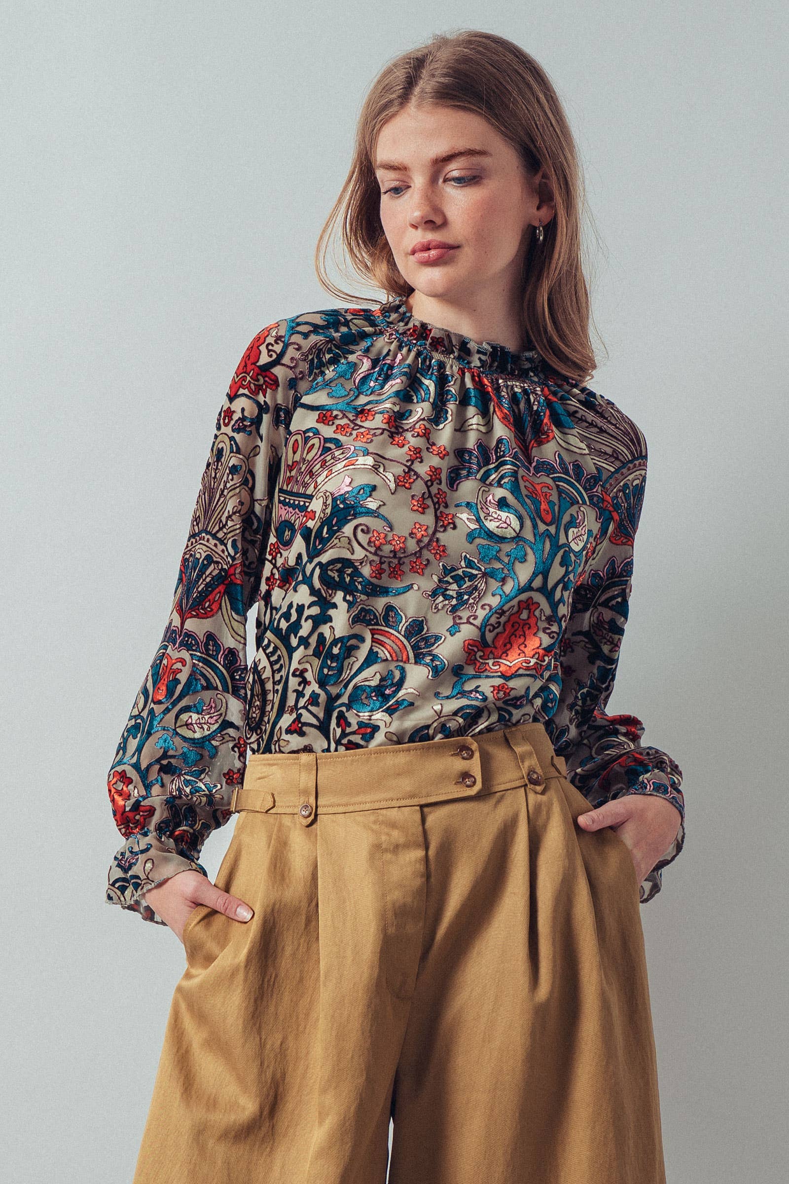 Burnout Velvet Smocked Mock Neck Blouse