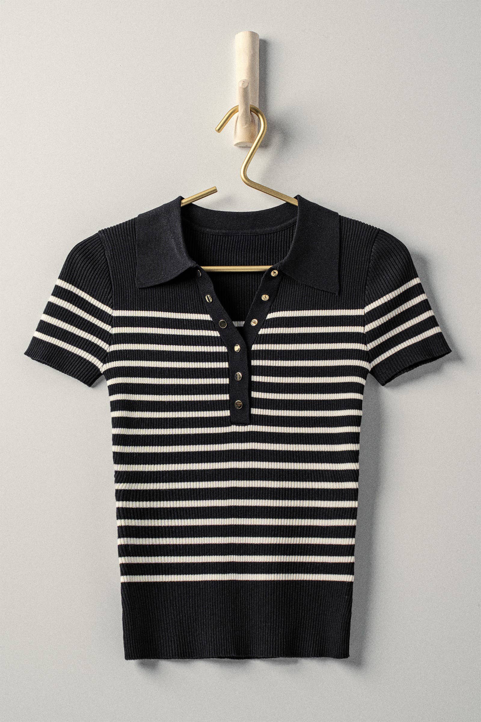Striped Snap Collar Rib Knit Top