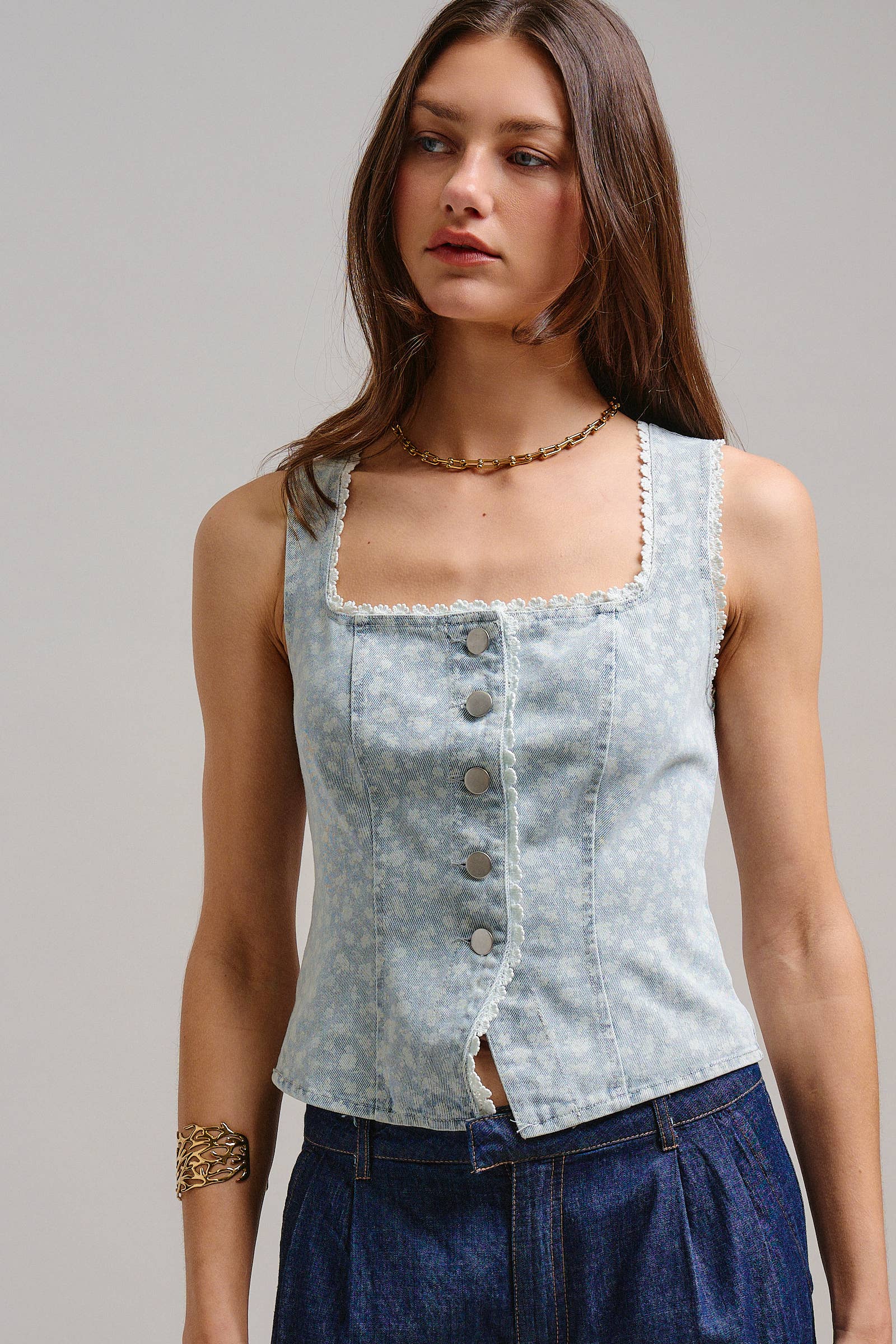 Urban Daizy Floral Jacquard Denim Corset Top Denim Tank Top - Women's (TNTP4018-Denim)