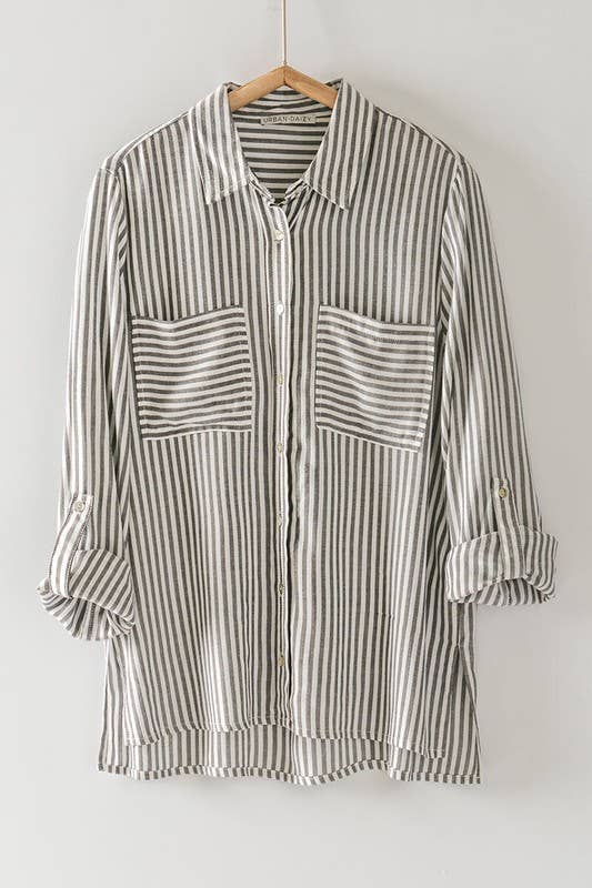 Relaxed Fit Vertical Striped Rayon Button Down Shirt