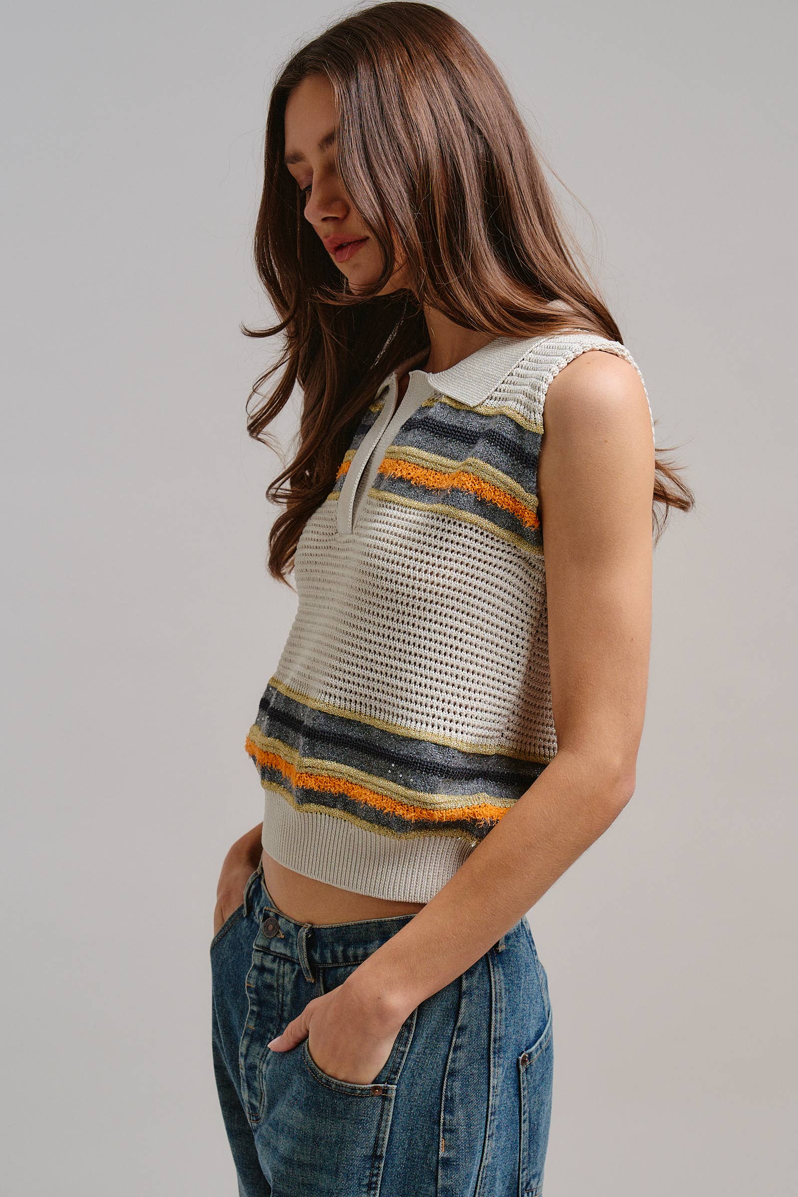Retro Striped Metallic Knit Sleeveless Polo