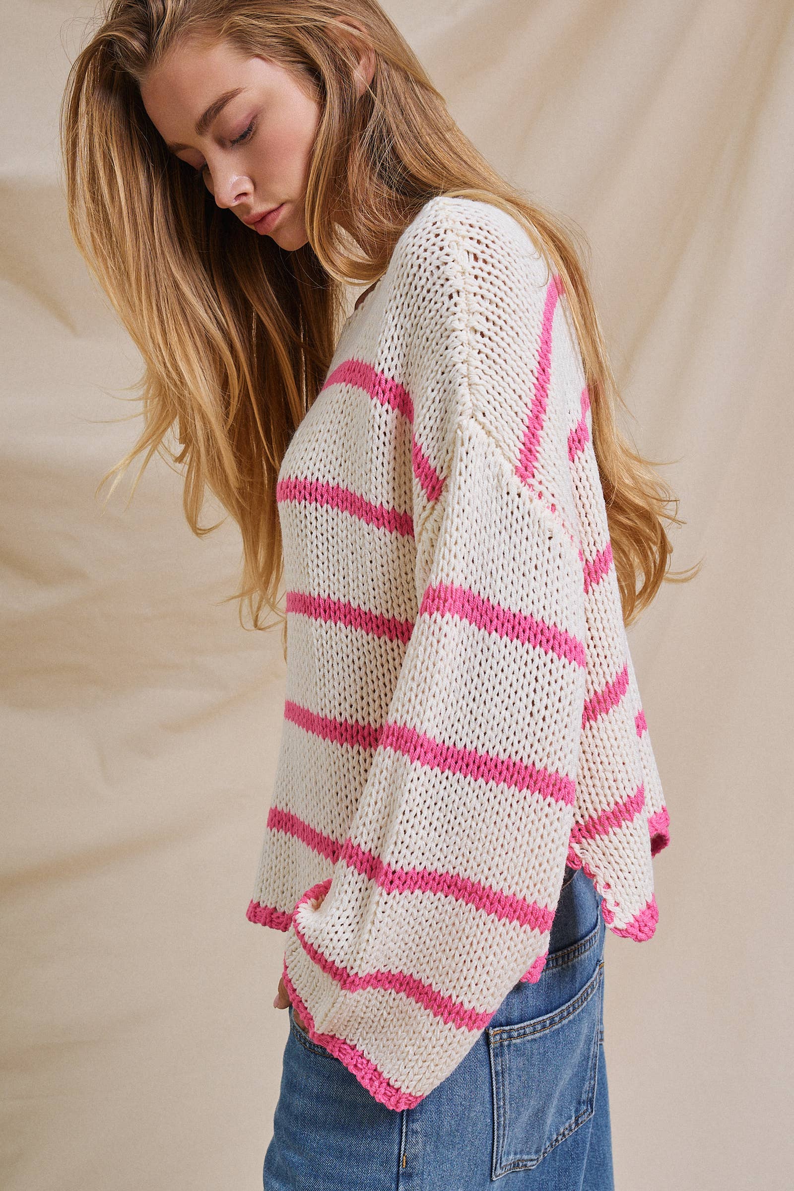 Nautical Striped Open Knit Slouchy Sweater