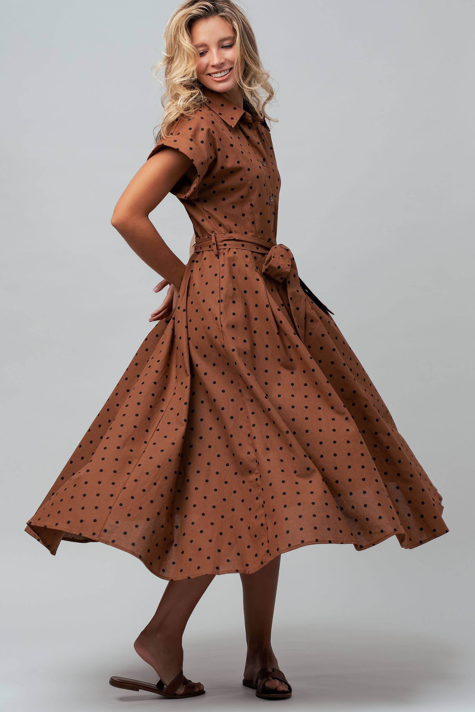Polka Dot Cotton Belted Midi Shirt Dress