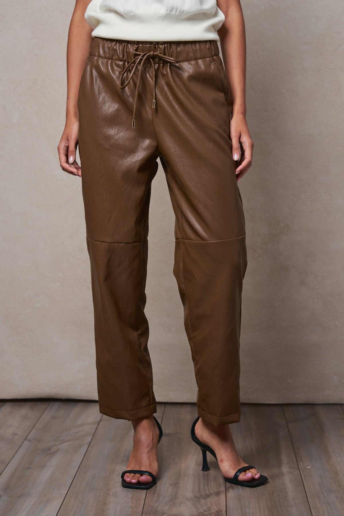 Faux Leather Drawstring Jogger Pants in BROWN - Women's Casual Pants | Urban Daizy