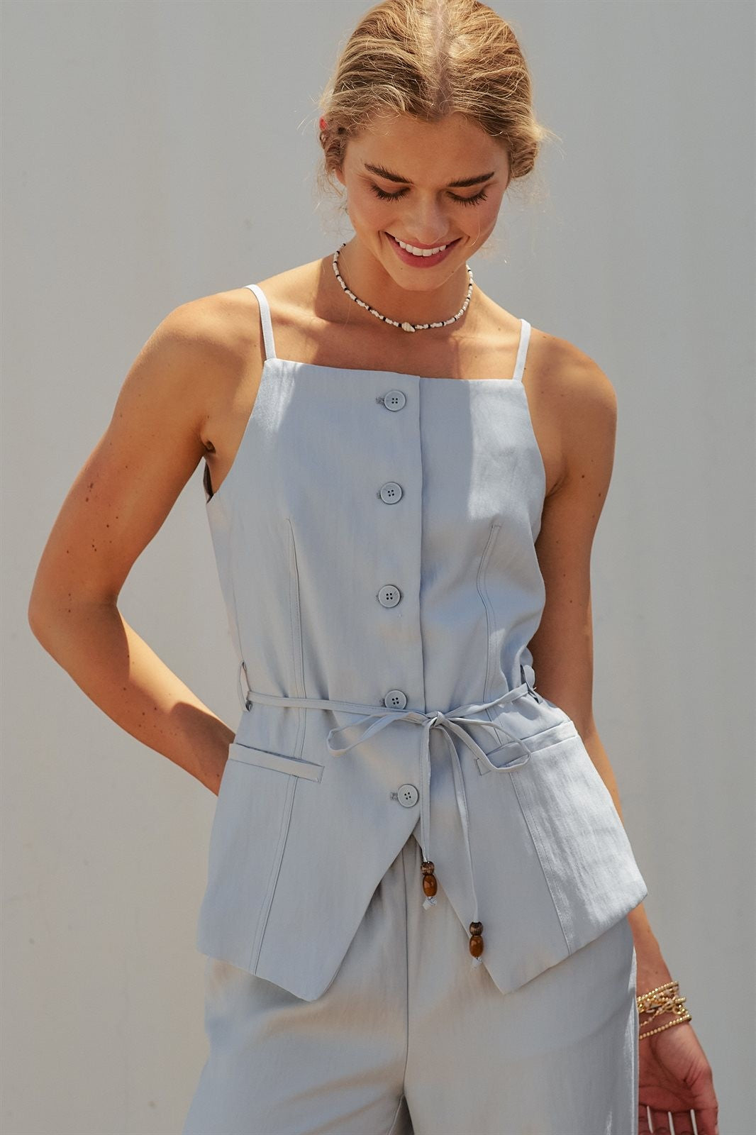 Buttoned Tie-Waist Cami Top in DEW BLUE - Women's Tops | Urban Daizy