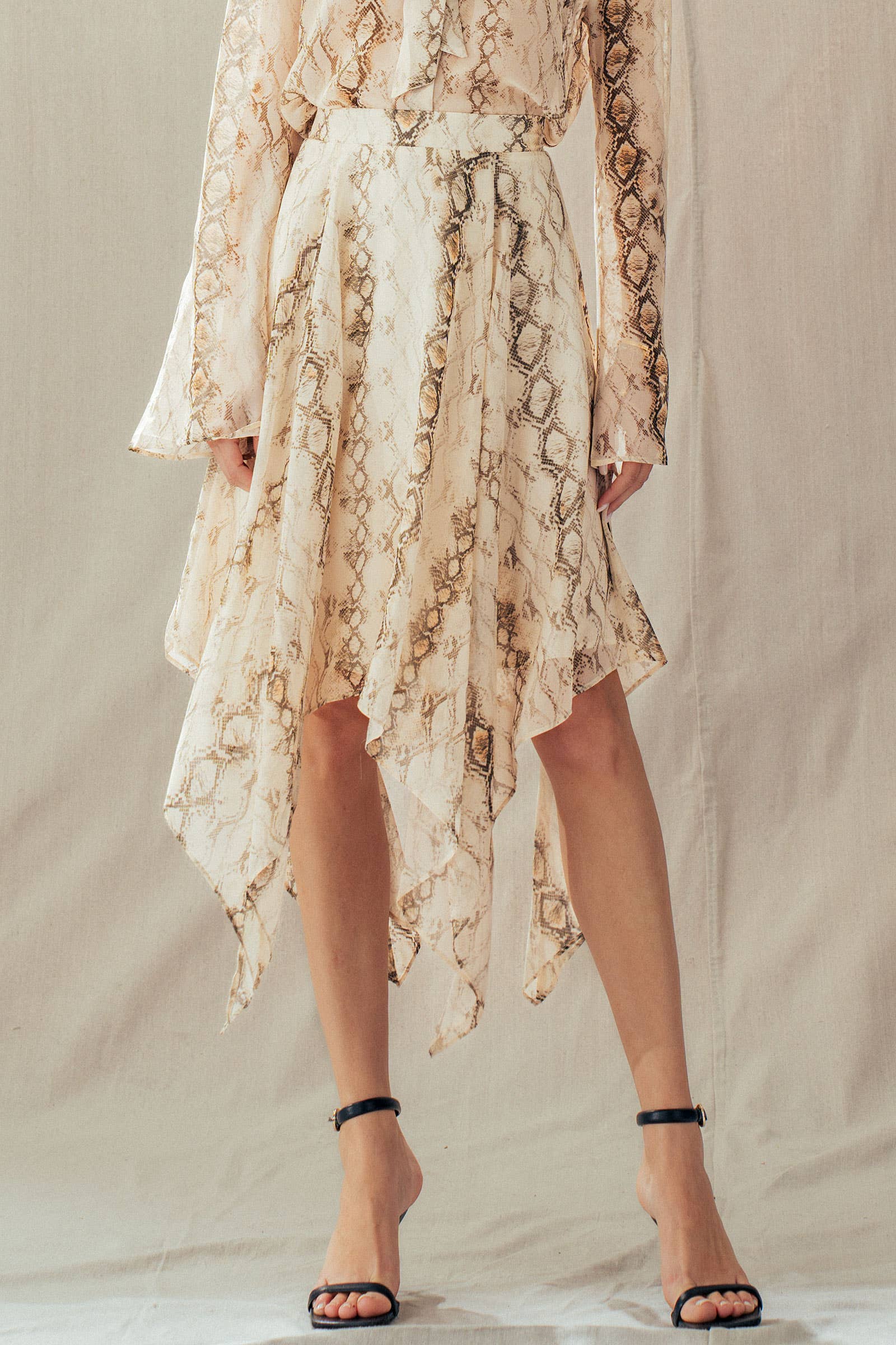 Urban Daizy Snake Print Handkerchief Hem Midi Skirt Cream-Multi Skirt - Women's (UDZ-SK-00178)