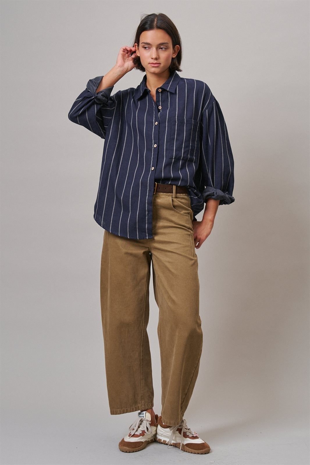 Oversized Striped Cotton Button-Down Shirt in NAVY - Women's Shirts & Blouses | Urban Daizy