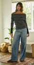 Off-Shoulder Striped Knit Top with Button Cuffs in BLACK - Women's Sweaters | Urban Daizy