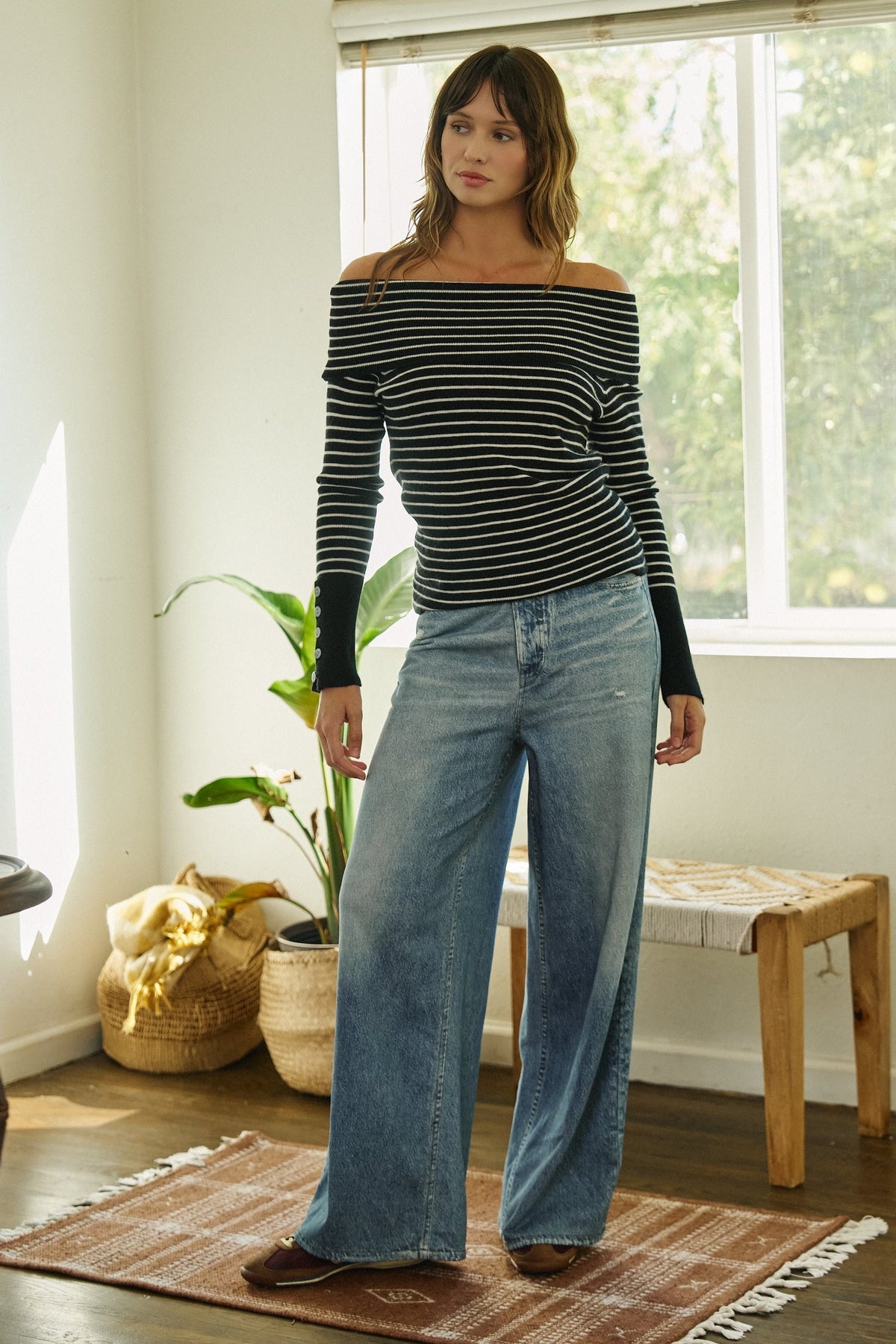 Off-Shoulder Striped Knit Top with Button Cuffs in BLACK - Women's Sweaters | Urban Daizy