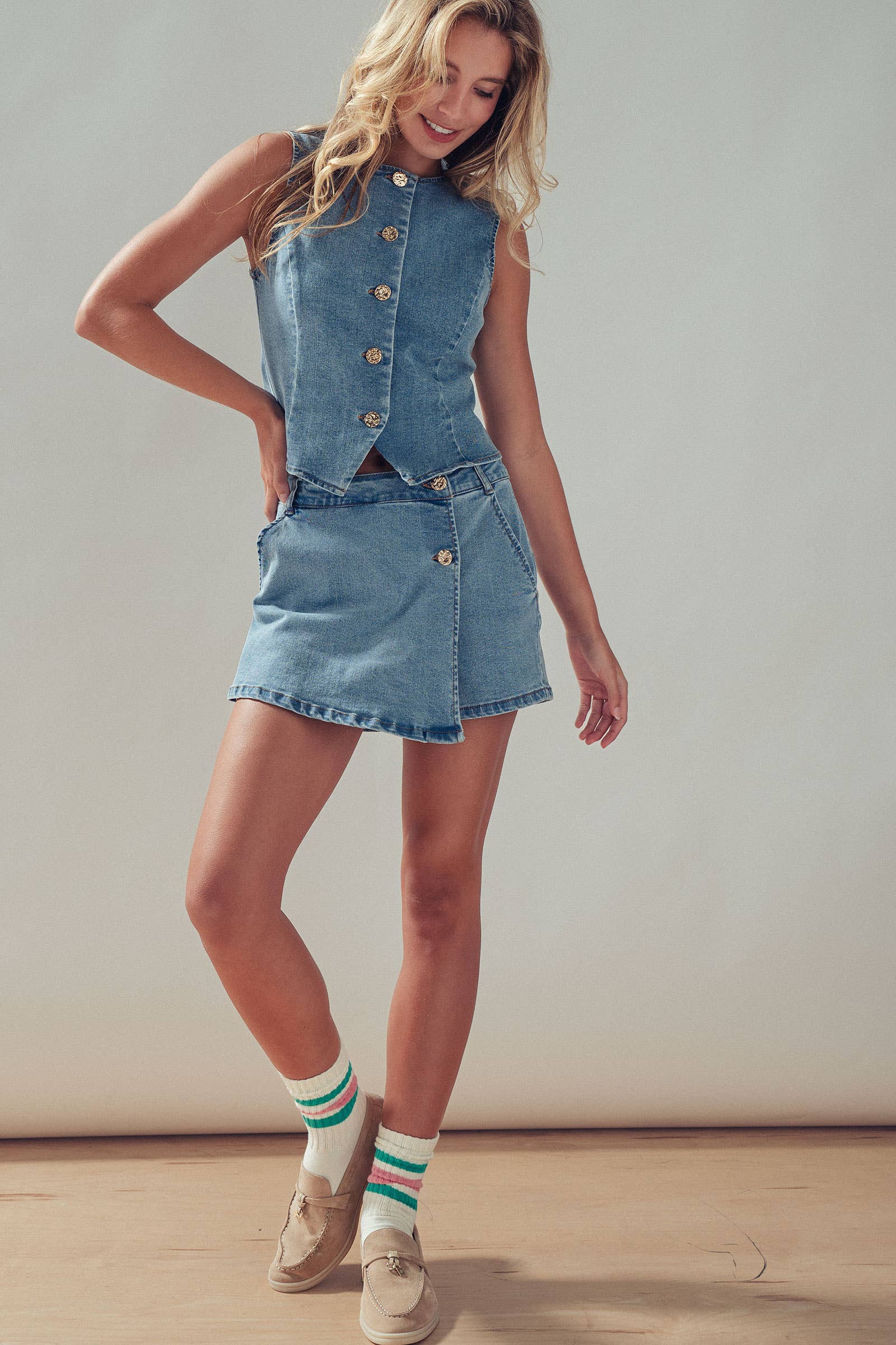 Gold Button Front Denim Skort