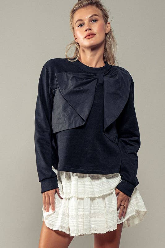 Urban Daizy Coquette Bow Statement Long Sleeve Crew Neck Top Black Blouse - Women's (UDZ-TP-00704) – alternate view 6