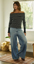 Off-Shoulder Striped Knit Top with Button Cuffs in BLACK - Women's Sweaters | Urban Daizy
