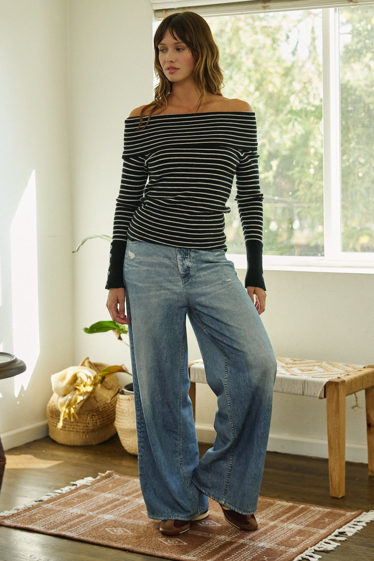 Off-Shoulder Striped Knit Top with Button Cuffs in BLACK - Women's Sweaters | Urban Daizy