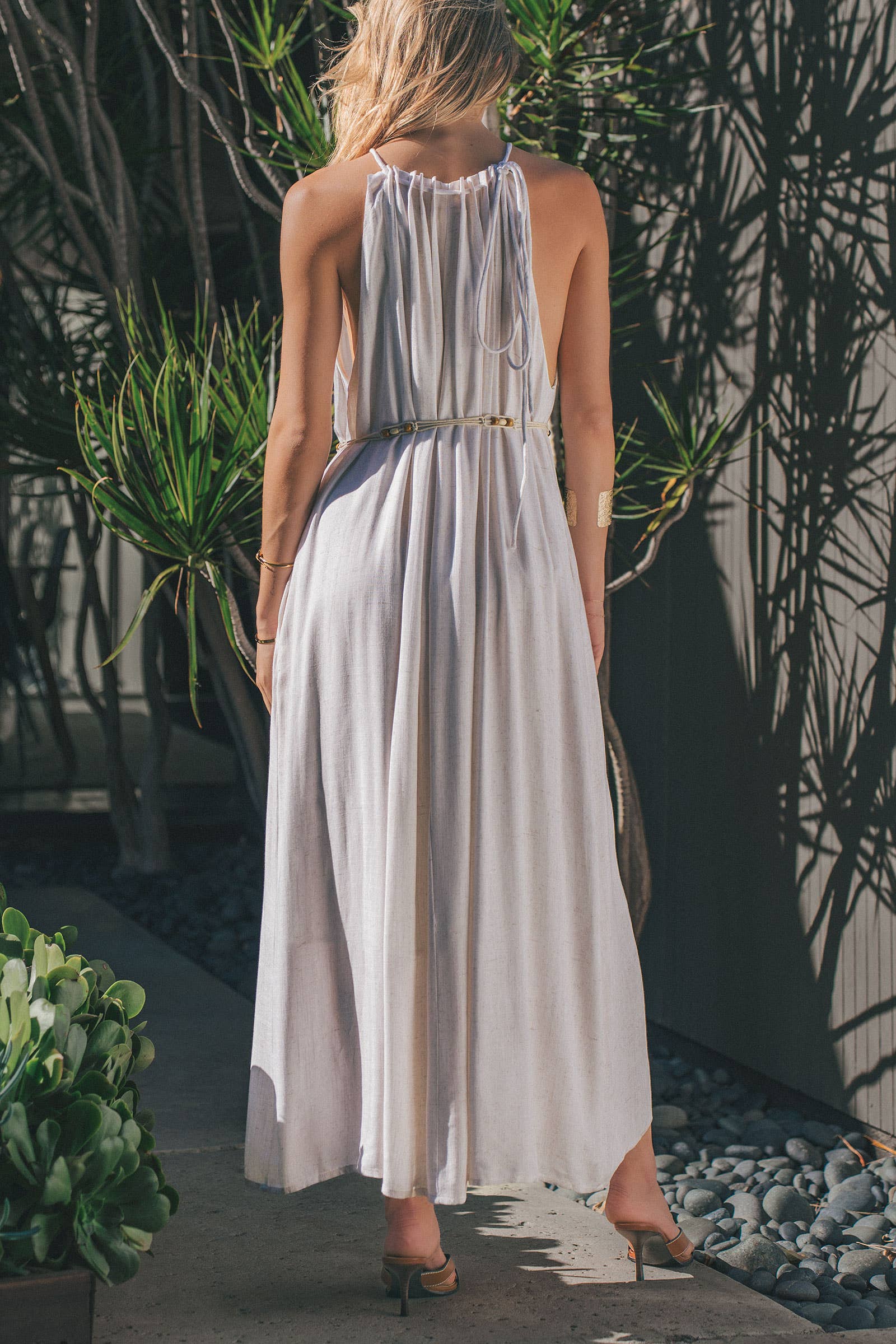 Beaded Halter Neck Linen Blend Maxi Dress