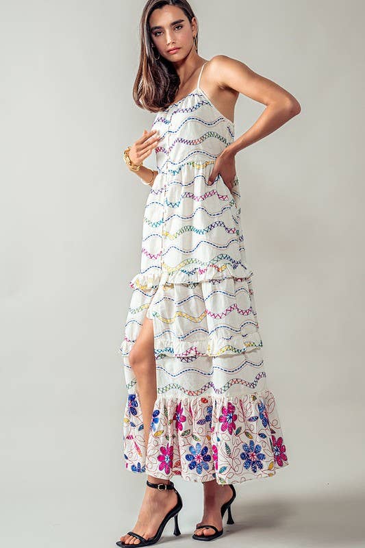 Urban Daizy Ruffle Tiered Embroidered Split Midi Dress White-Multi Dress - Women's (UDZ-DR-00262) – alternate view 4