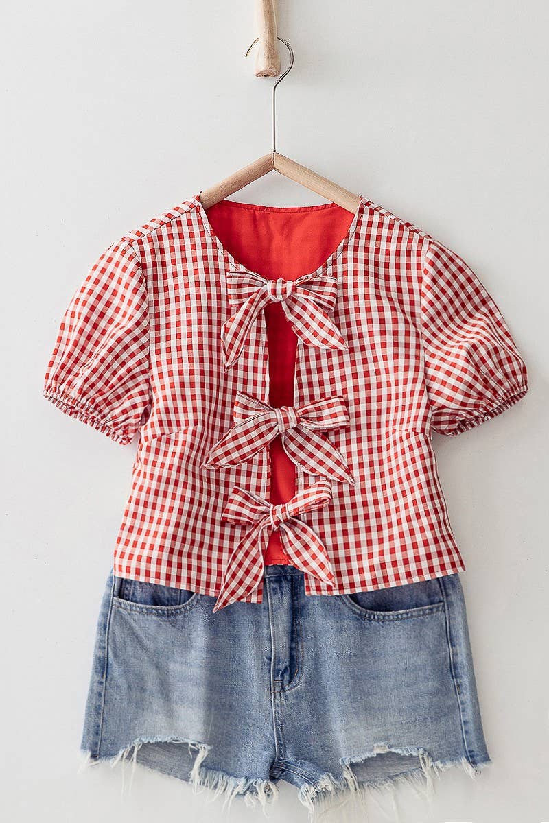 Urban Daizy Gingham Triple Bow Puff Sleeve Crop Top Pink Blouse - Women's (UDZ-TP-01033) – alternate view 29