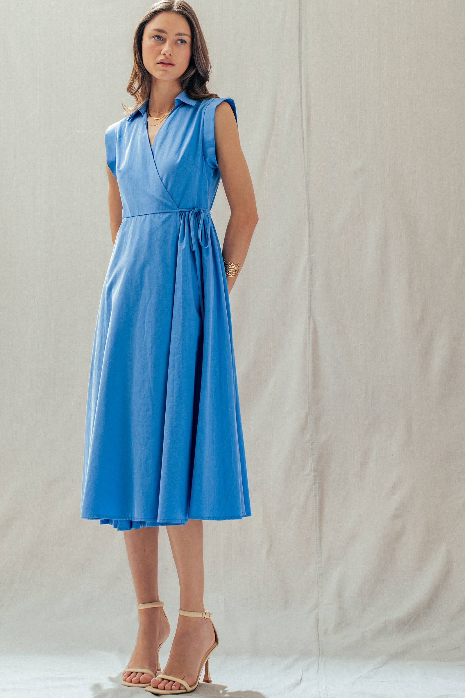 Collared Cap Sleeve Wrap Midi Dress