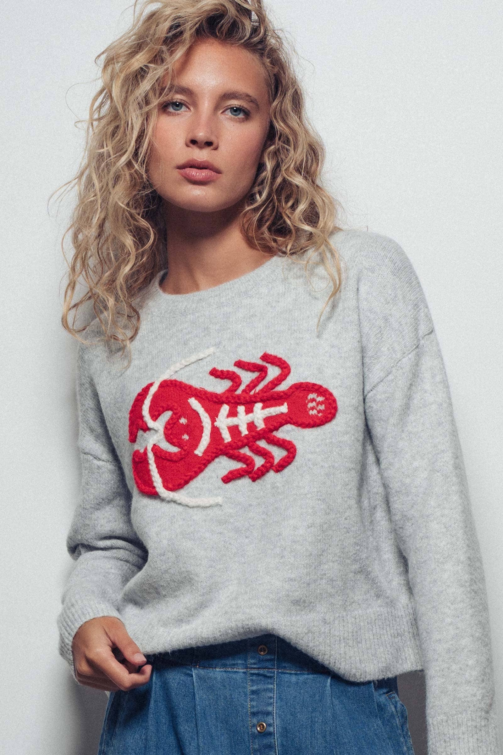 Urban Daizy Embroidered Red Lobster Nautical Statement Sweater Ivory Knit Sweater - Women's (UDZ-KN-00600) – alternate…