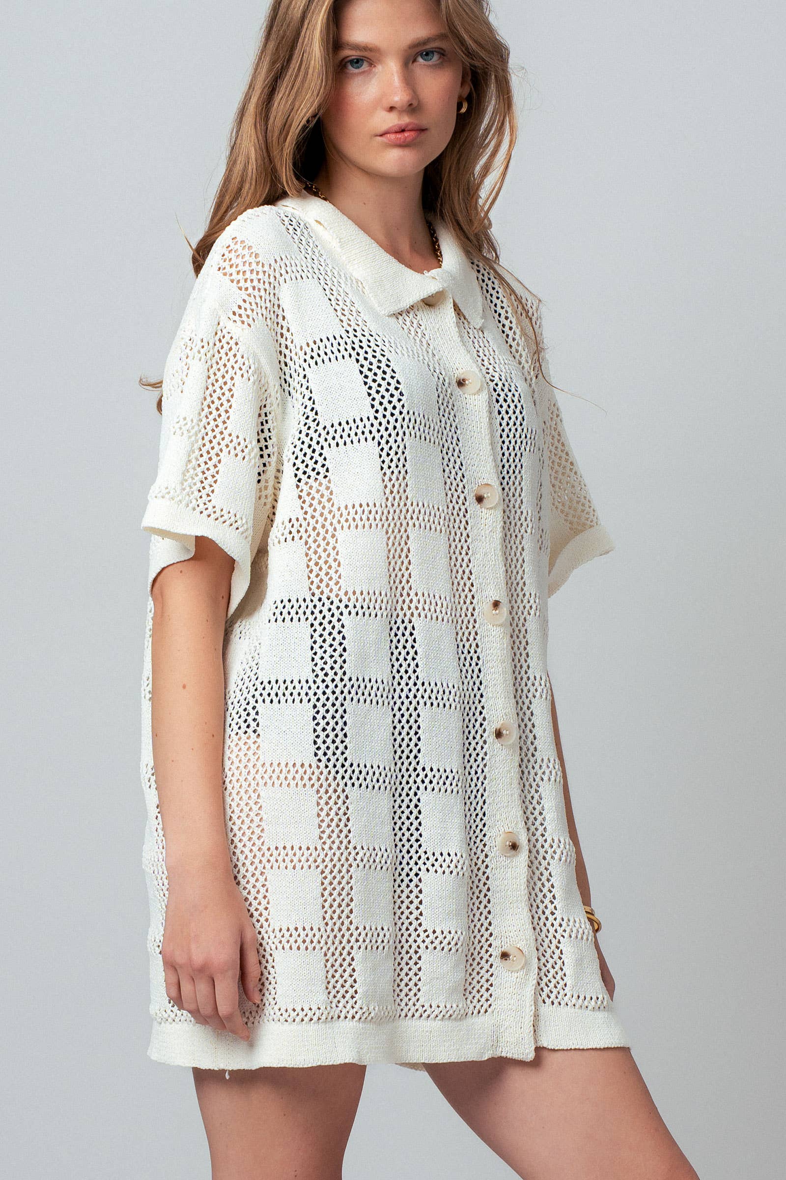 Open-Knit Collared Button-Front Tunic