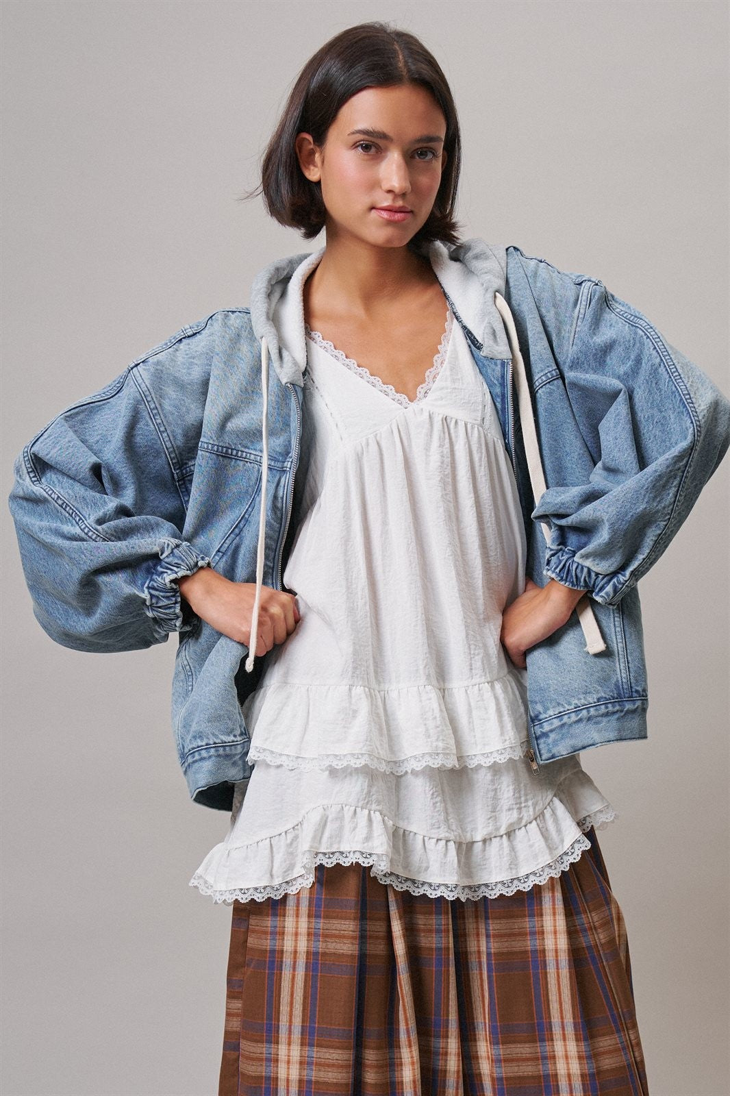 Hooded Denim Zip Up Jacket with French Terry Hood in DENIM - Women's Jackets & Blazers | Urban Daizy