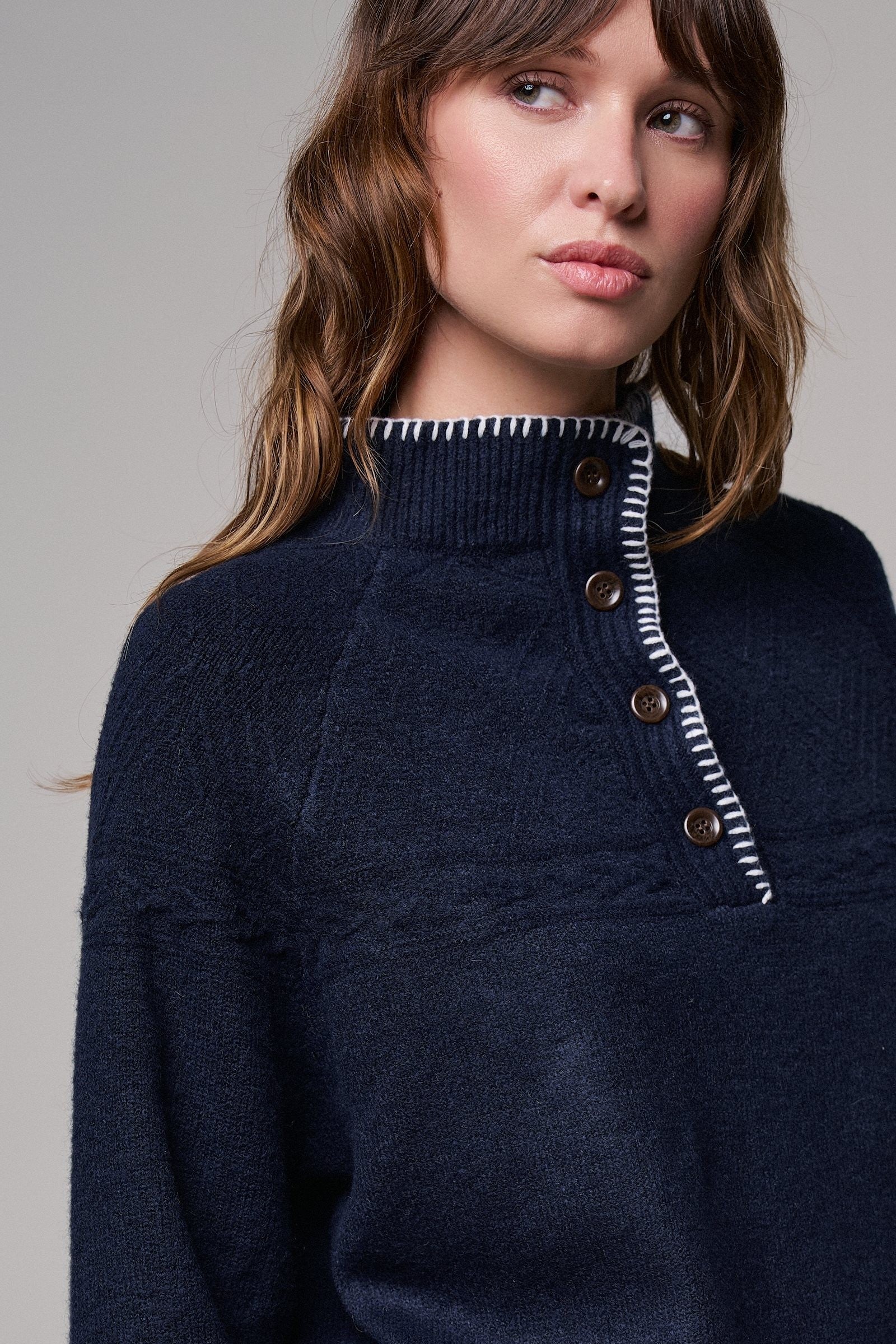 Cable Knit Mock Neck Button Pullover Sweater in NAVY - Women's Sweaters | Urban Daizy