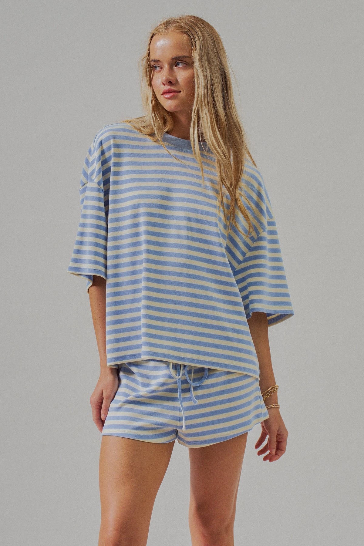 Oversized Striped Contrast Neck Boxy Tee