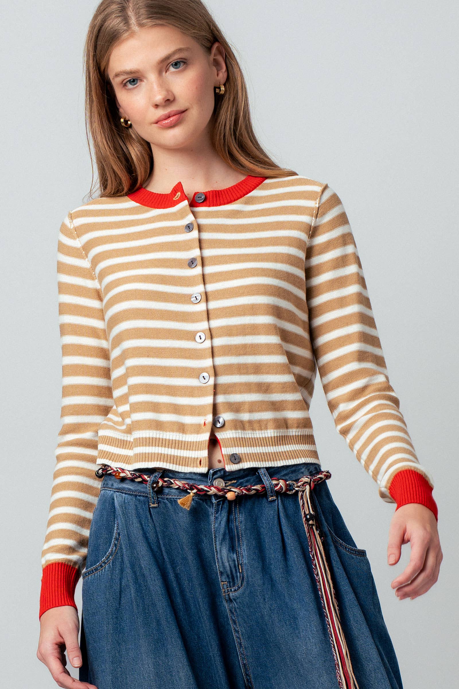 Striped Knit Cropped Button-Up Cardigan