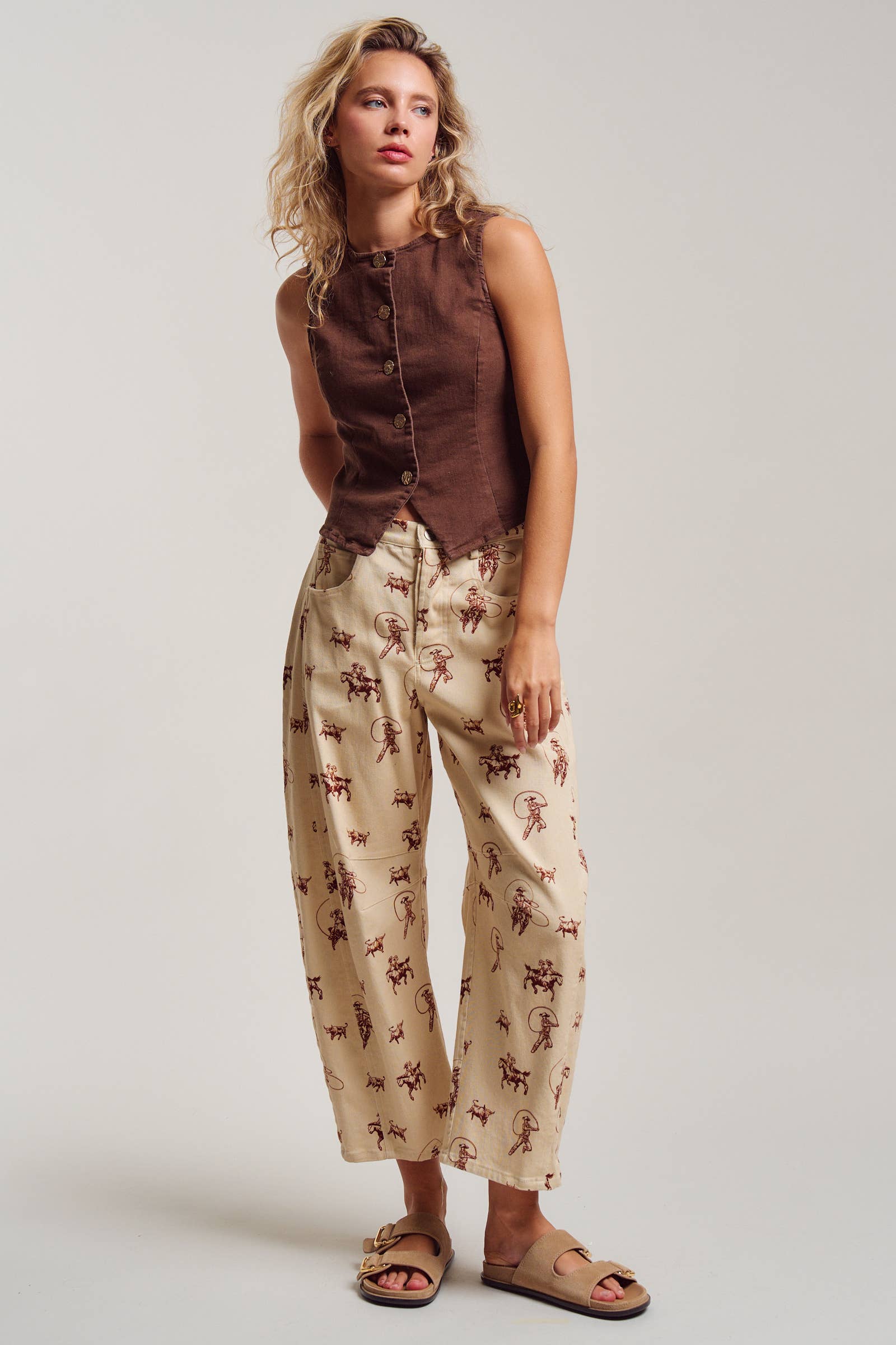 Urban Daizy Western Toile Print Barrel Leg Stretch Pants Lt-Khaki Pants - Women's (UDPT0076-Lt-Khaki) – alternate view 9