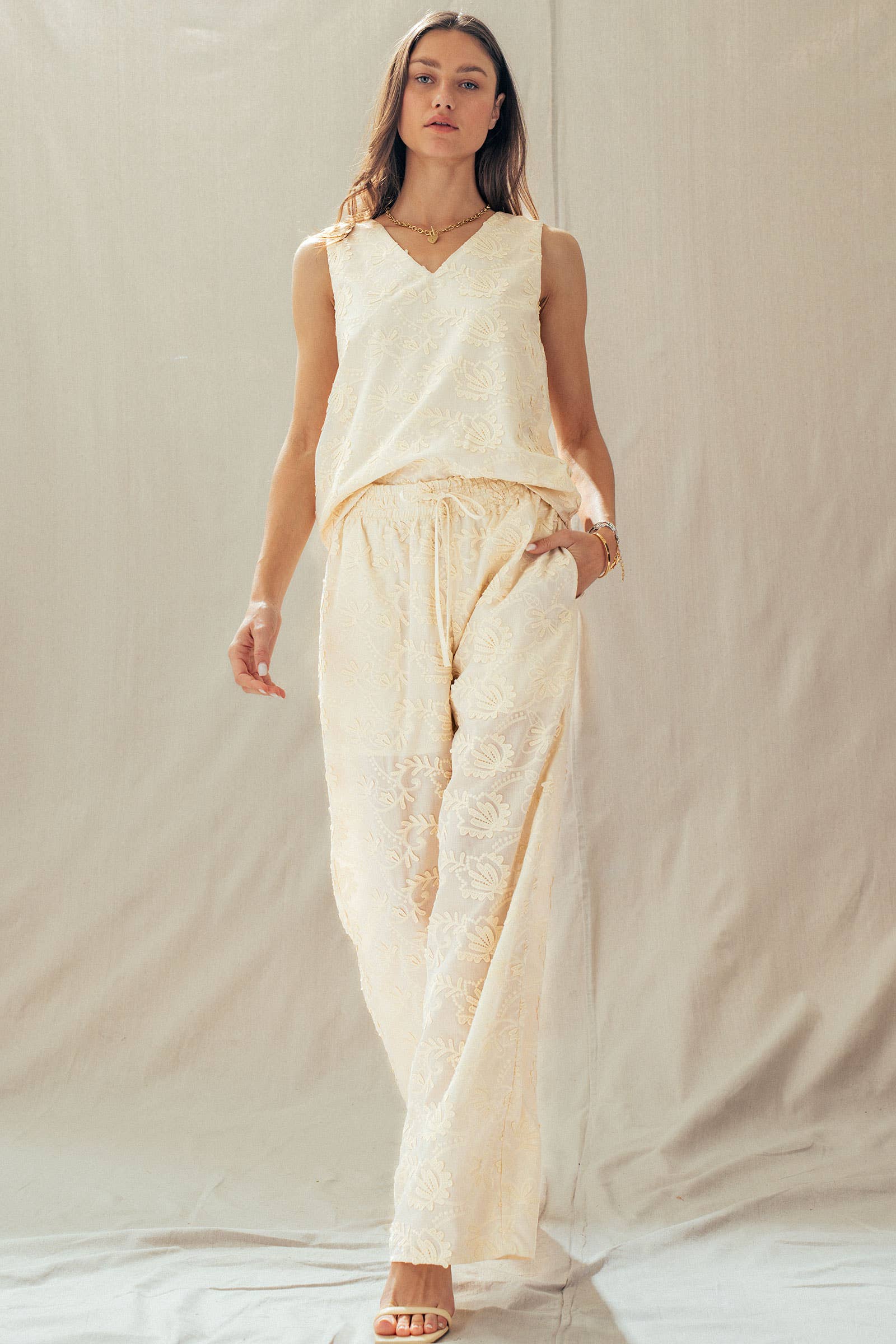 Floral Embroidered Cotton Top And Pant Set