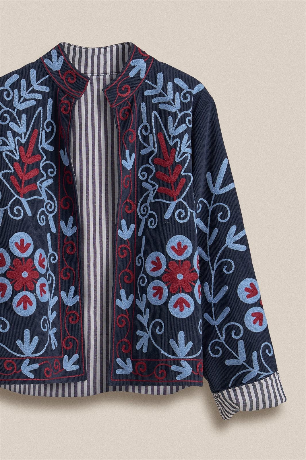 Embroidered Corduroy Jacket with Folk Floral Scroll in KHAKI - Women's Jackets & Blazers | Urban Daizy