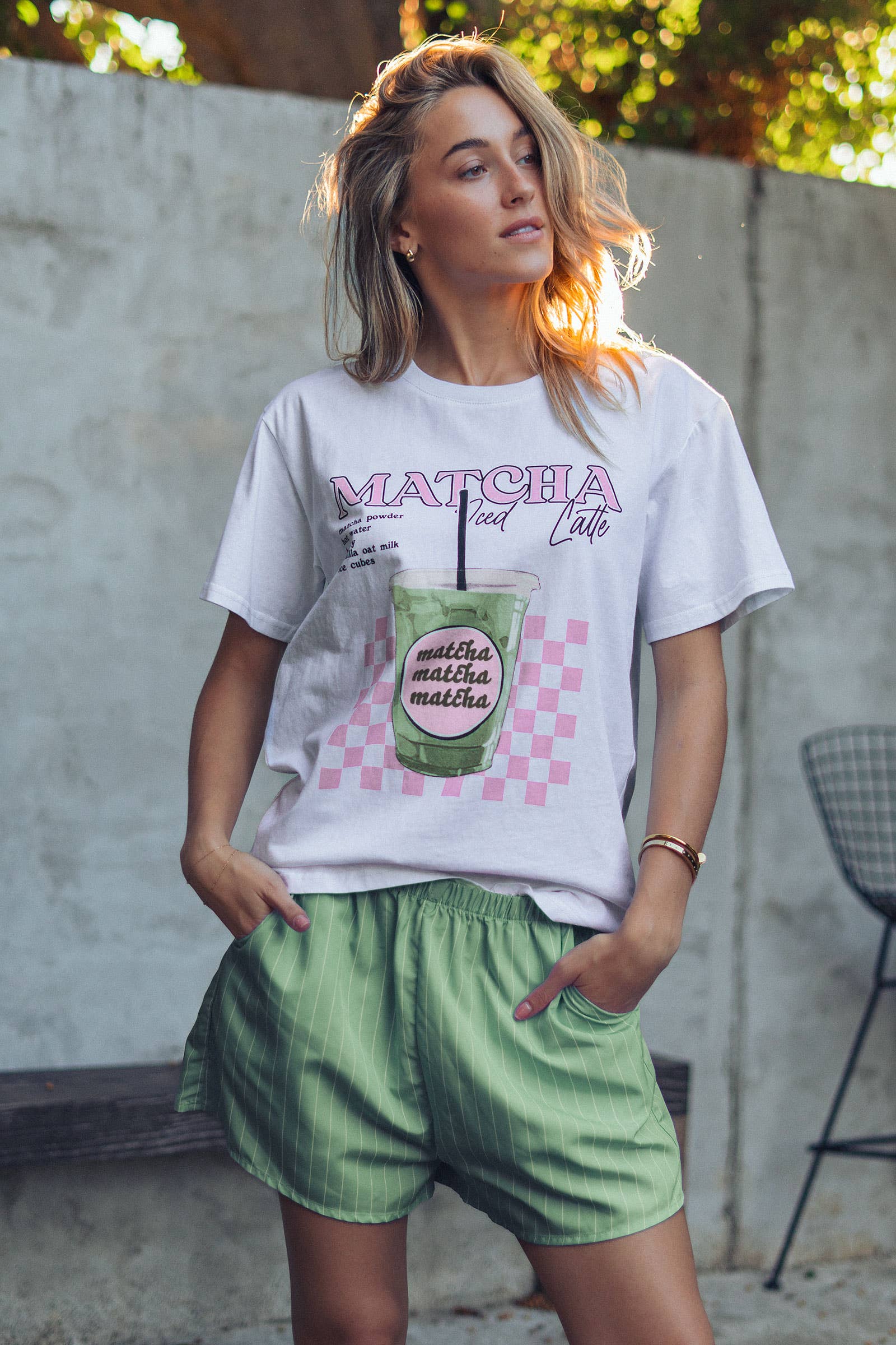 Urban Daizy Matcha Iced Latte Graphic Tee & Striped Shorts Set White-Green Lounge Set - Women's (UDZ-AC-00230) – alternate view 3