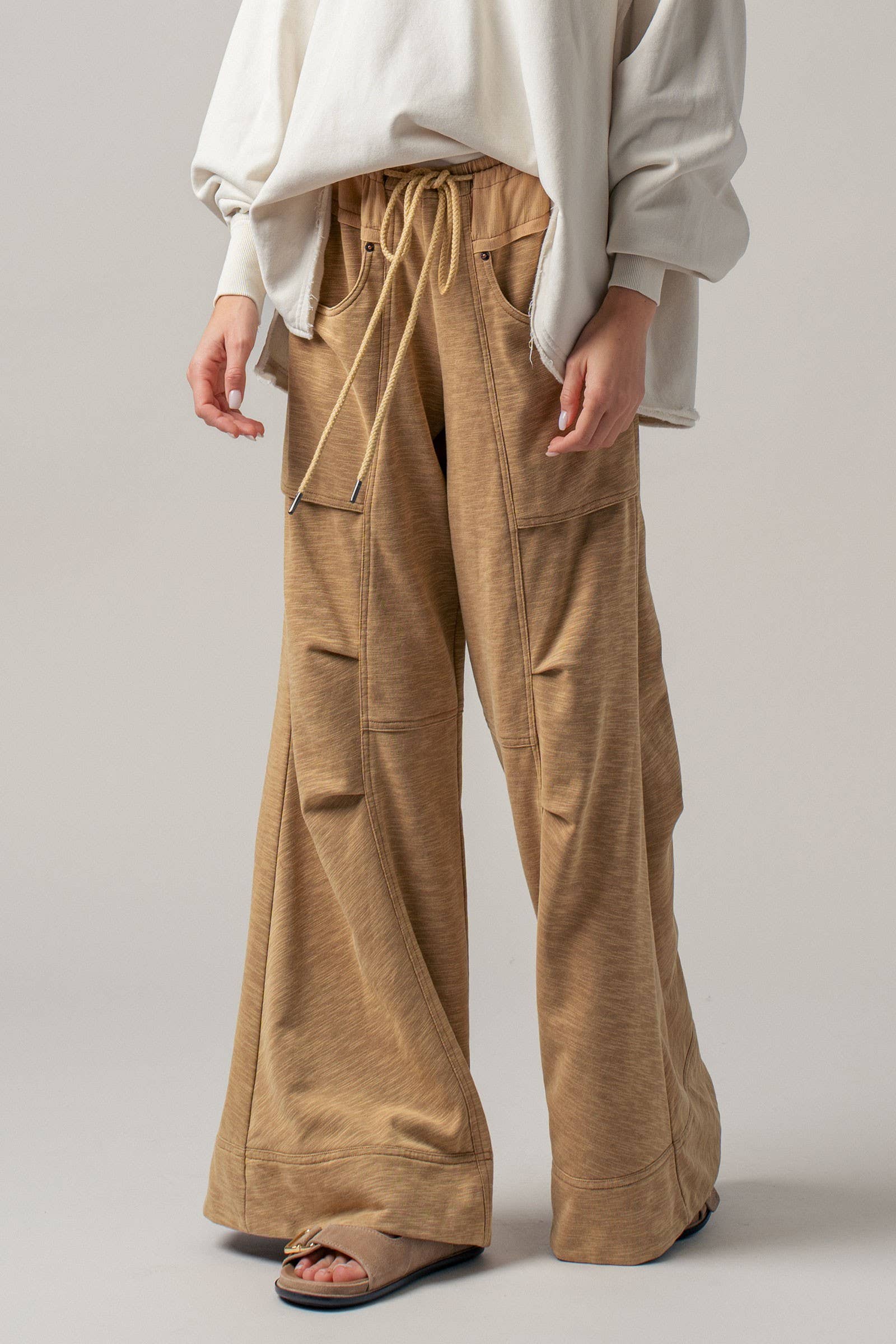 Drawstring Waist Seam Detail Wide-Leg Pants
