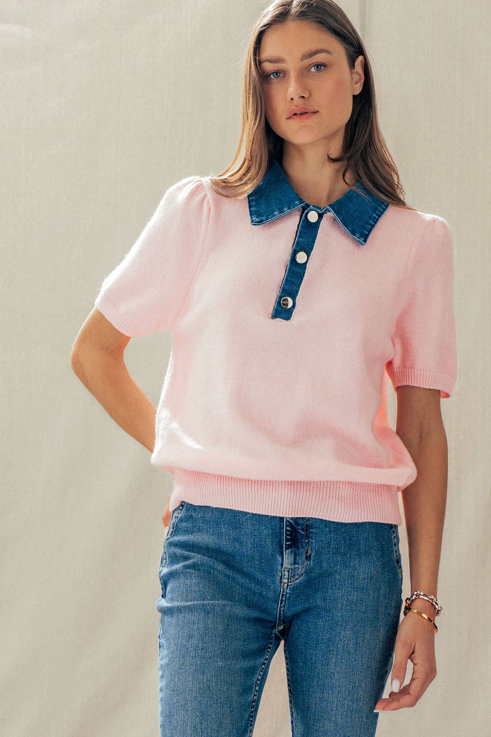 Contrast Denim Collar Knit Sweater Top