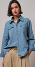 Western Pearl Snap Denim Button-Down Shirt in DENIM BLUE - Women's Shirts & Blouses | Urban Daizy