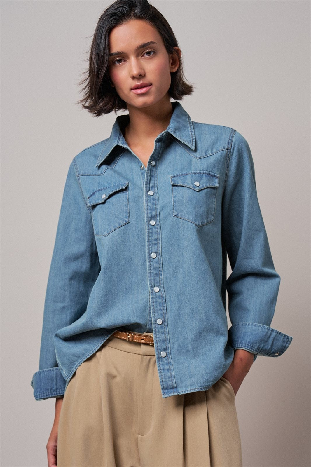 Western Pearl Snap Denim Button-Down Shirt in DENIM BLUE - Women's Shirts & Blouses | Urban Daizy