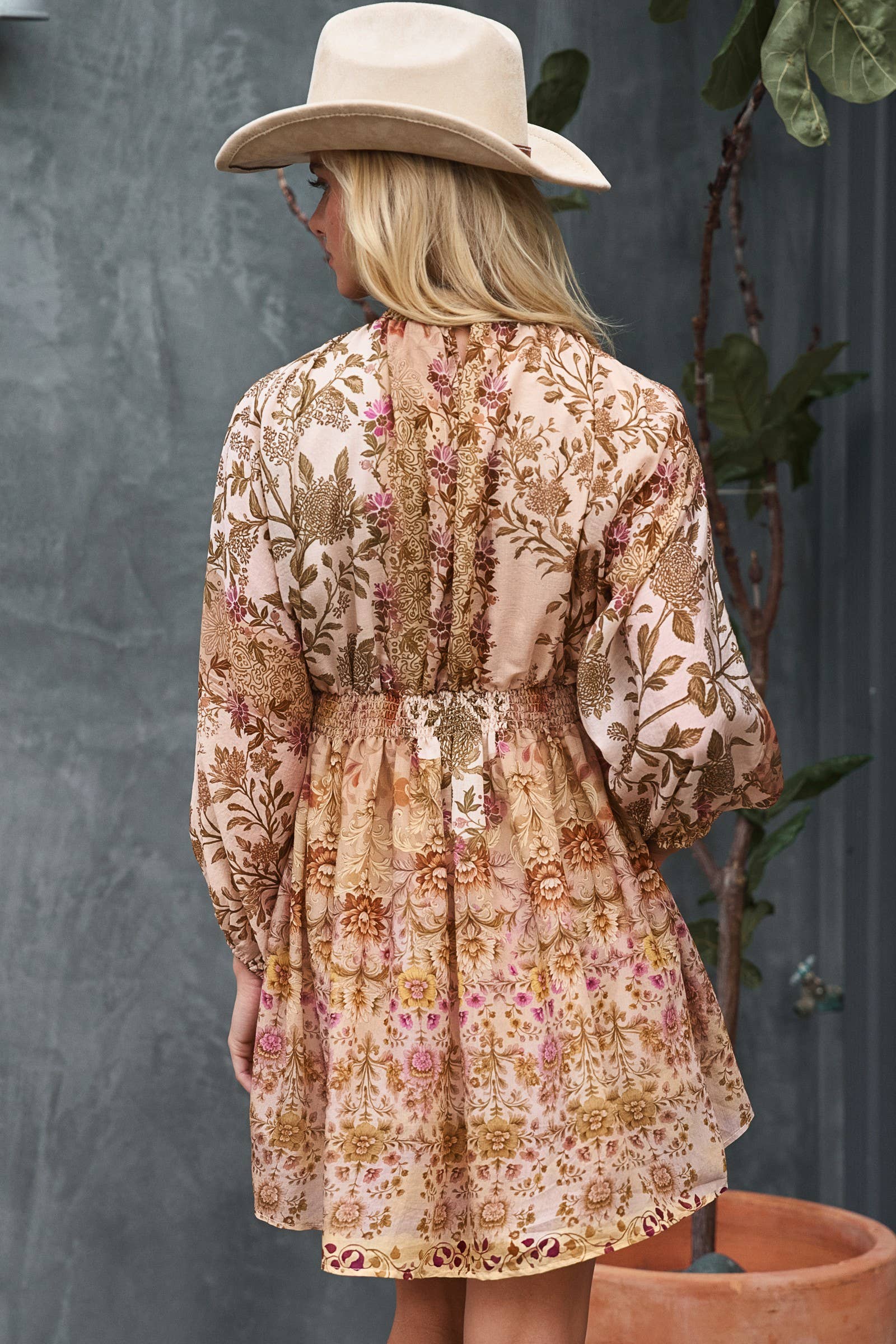 Urban Daizy Mixed-Print Boho Smocked Waist Mini Dress Taupe-Multi Dress - Women's (UDZ-DR-00478) – alternate view 18