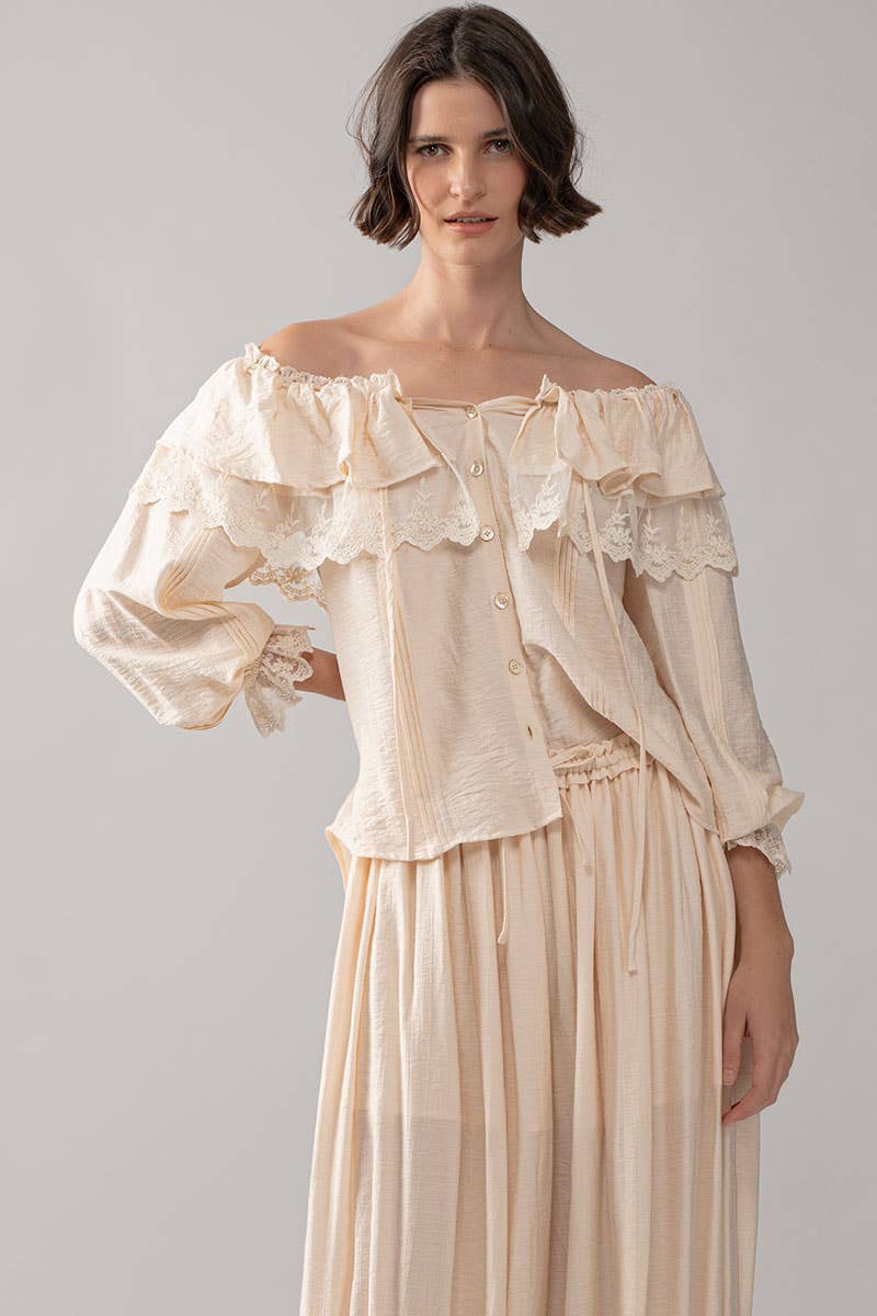 Lace Trim Ruffle Tie Neck Spring Blouse Top
